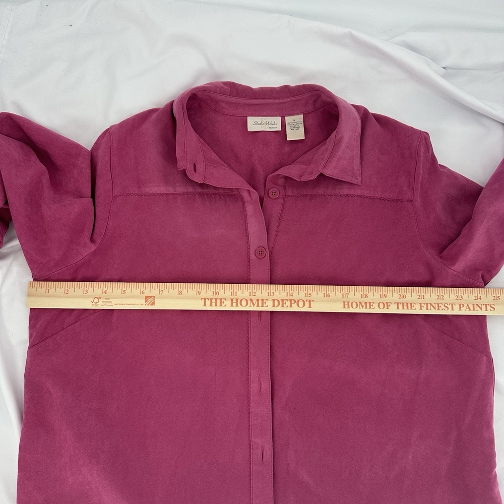Studio Works 1X Button Up Shirt Top Long Sleeve Pink Suede-like Classic Preppy - Picture 7 of 9